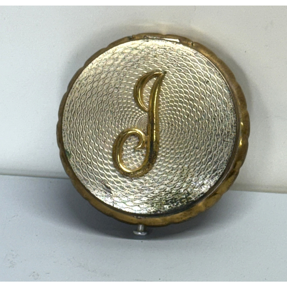 Antique powder compact Letter Script J Initial, Ornate Engraved, Classic Round